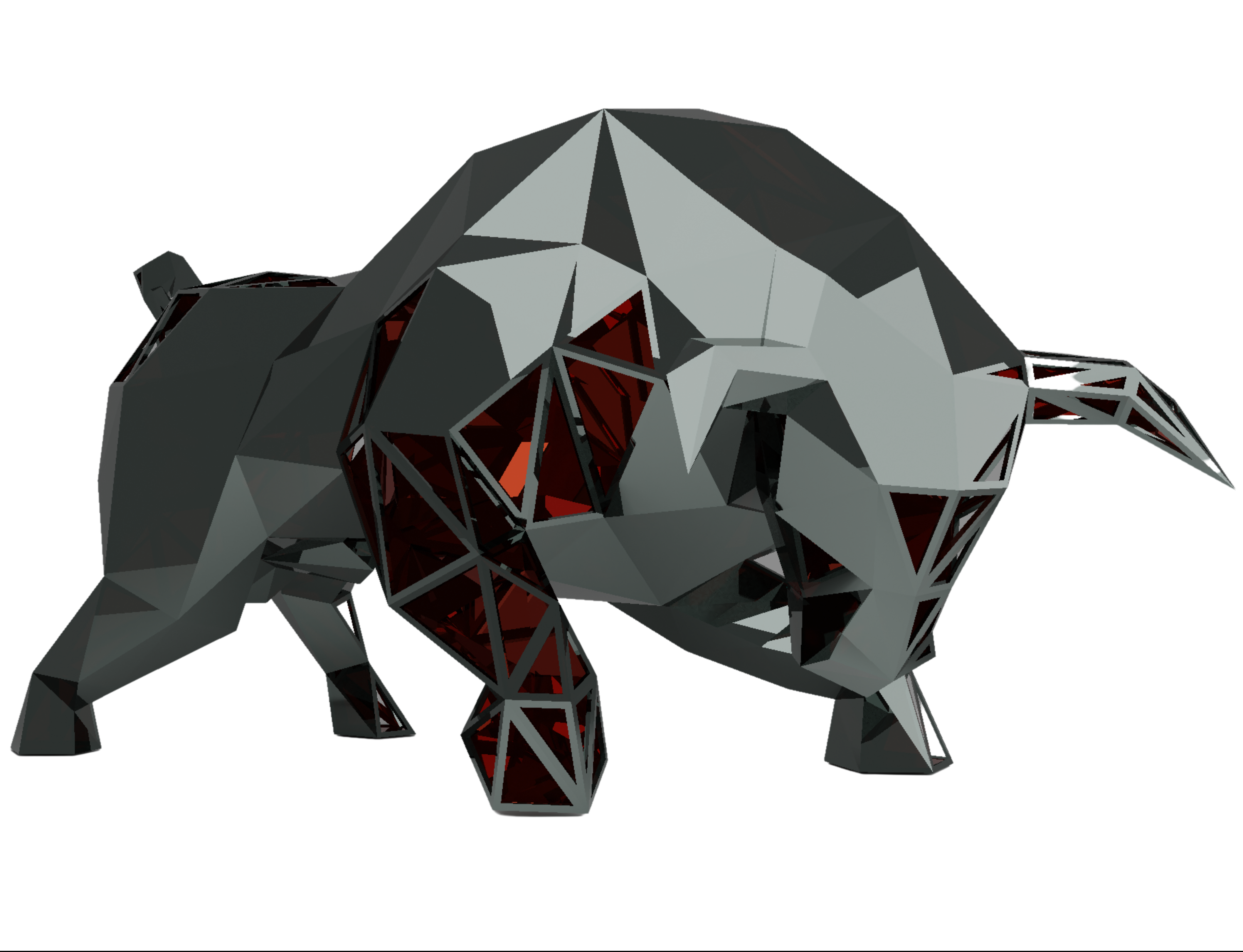 Ruby s'inspire des grands bijoutiers français de luxe. Cette création prend la forme d'un taureau qui révèle son âme artistique. Des ouvertures soigneusement aménagées à sa surface permettent d'apercevoir l'intérieur de l'œuvre, où les couleurs de la pierre précieuse, le rubis, se dévoilent. À l'extérieur, le métal inox poli miroir apporte une touche de brillance et d'élégance à cette pièce en devenir.